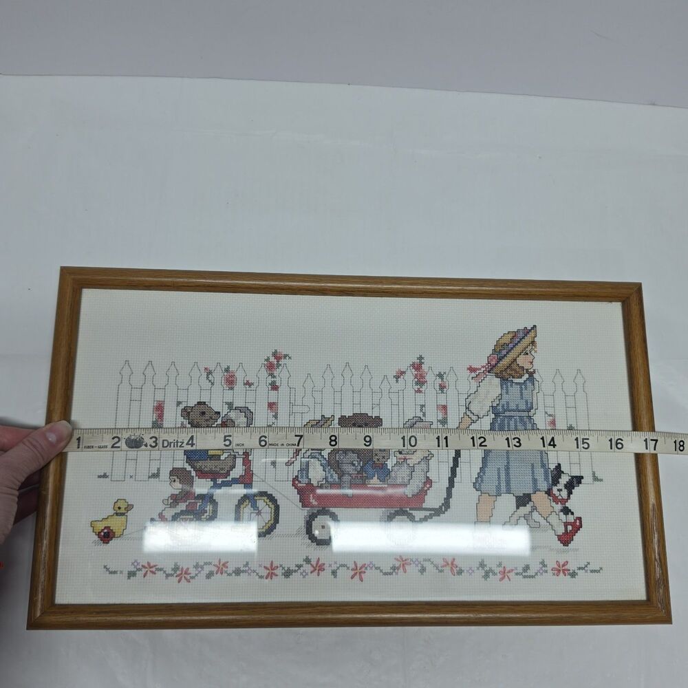Vintage Framed Handmade Cross Stitch Embroidery 17"x10" Girl With Toys In Cart - Picture 7 of 7